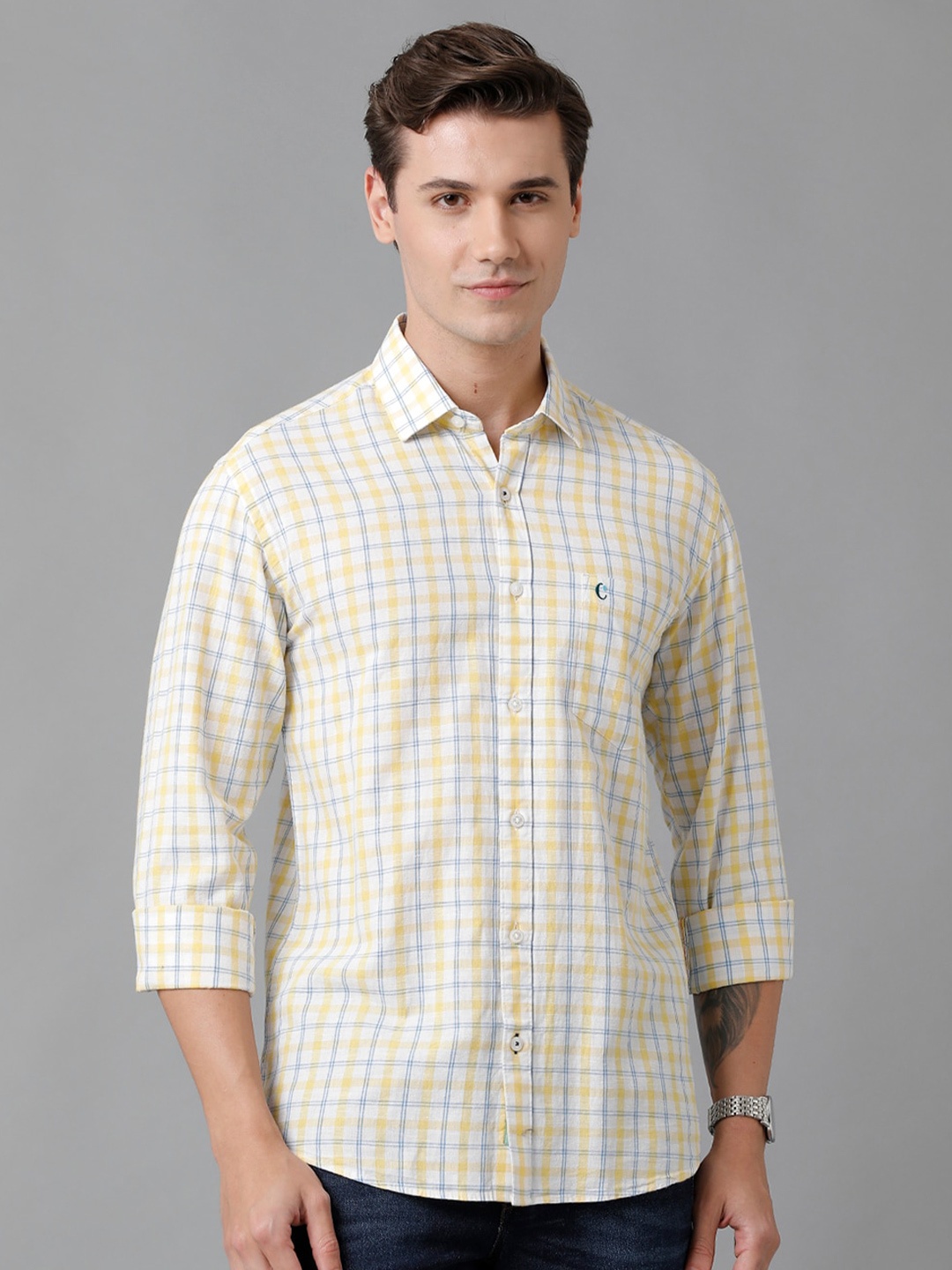 

CAVALLO by Linen Club Men Checked Casual Men Shirt, Yellow