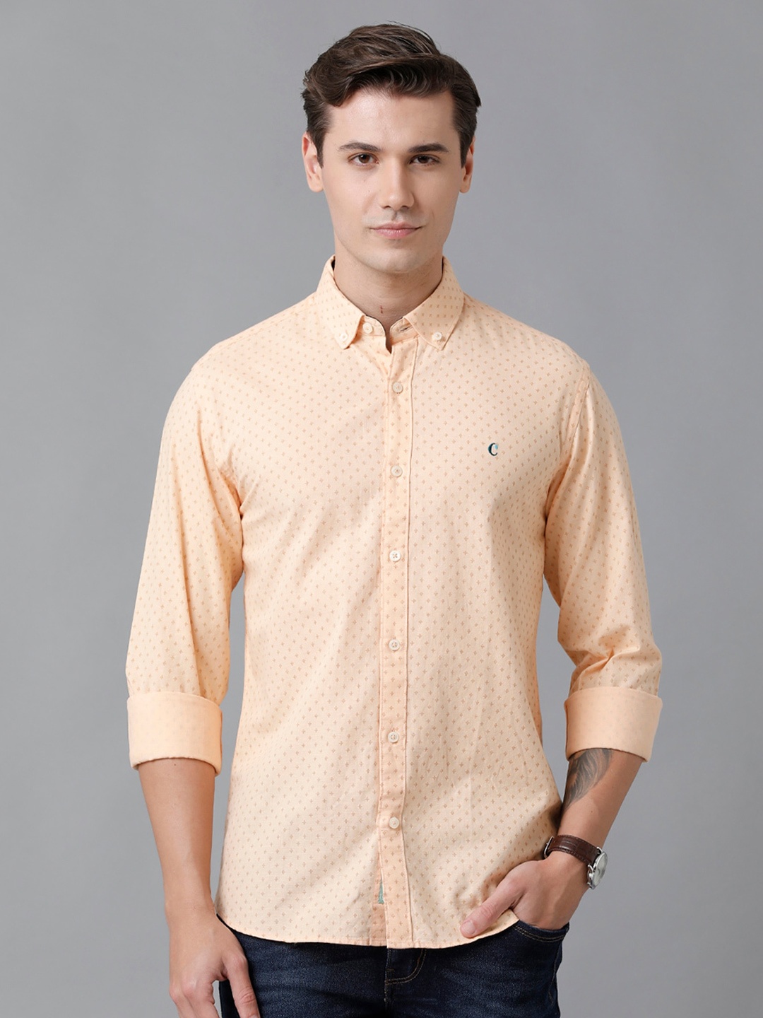 

CAVALLO by Linen Club Men Printed Linen Casual Shirt, Peach