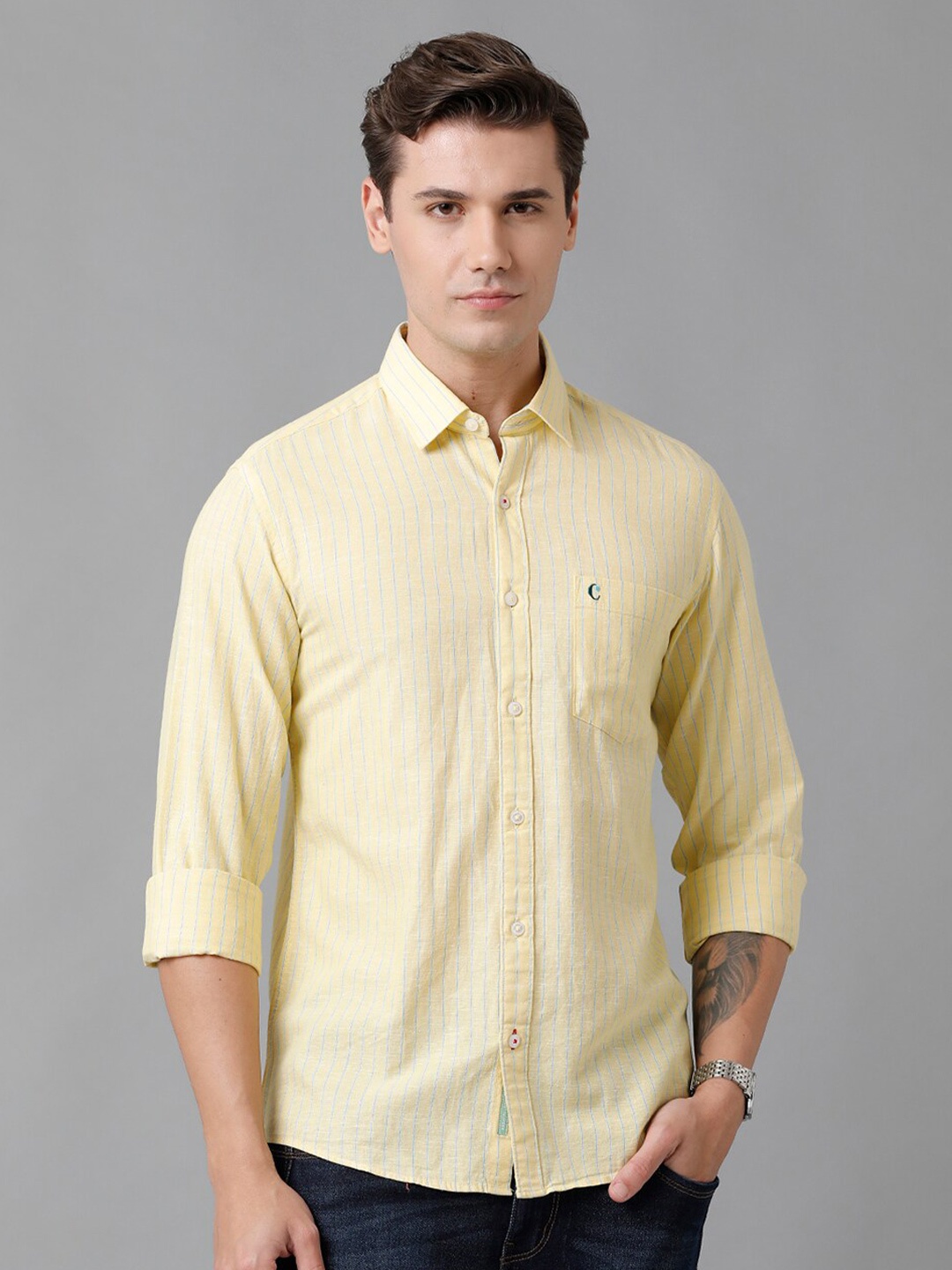 

CAVALLO by Linen Club Men Striped Casual Shirt, Yellow