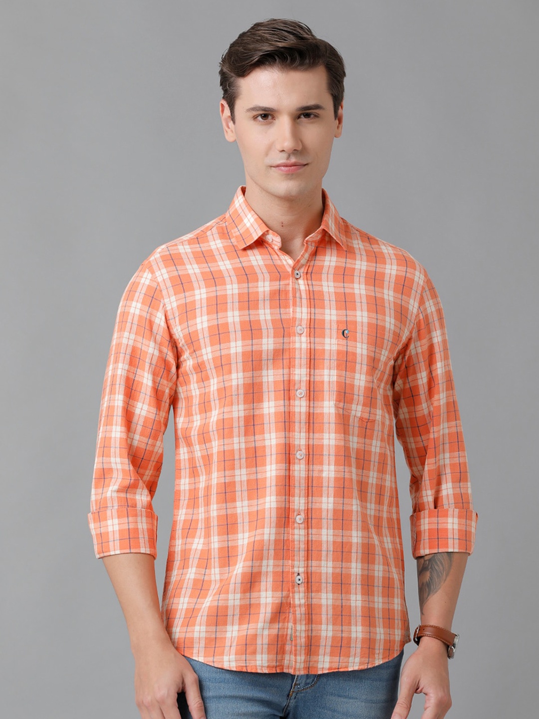 

CAVALLO by Linen Club Men Tartan Checks Casual Shirt, Orange