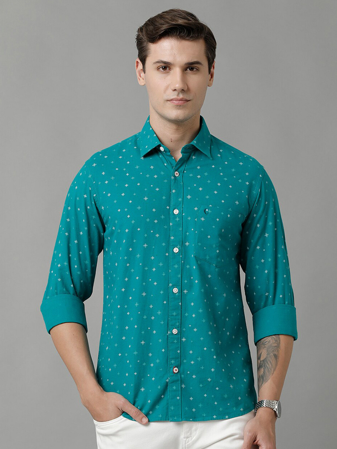 

CAVALLO by Linen Club Men Printed Linen Casual Shirt, Green