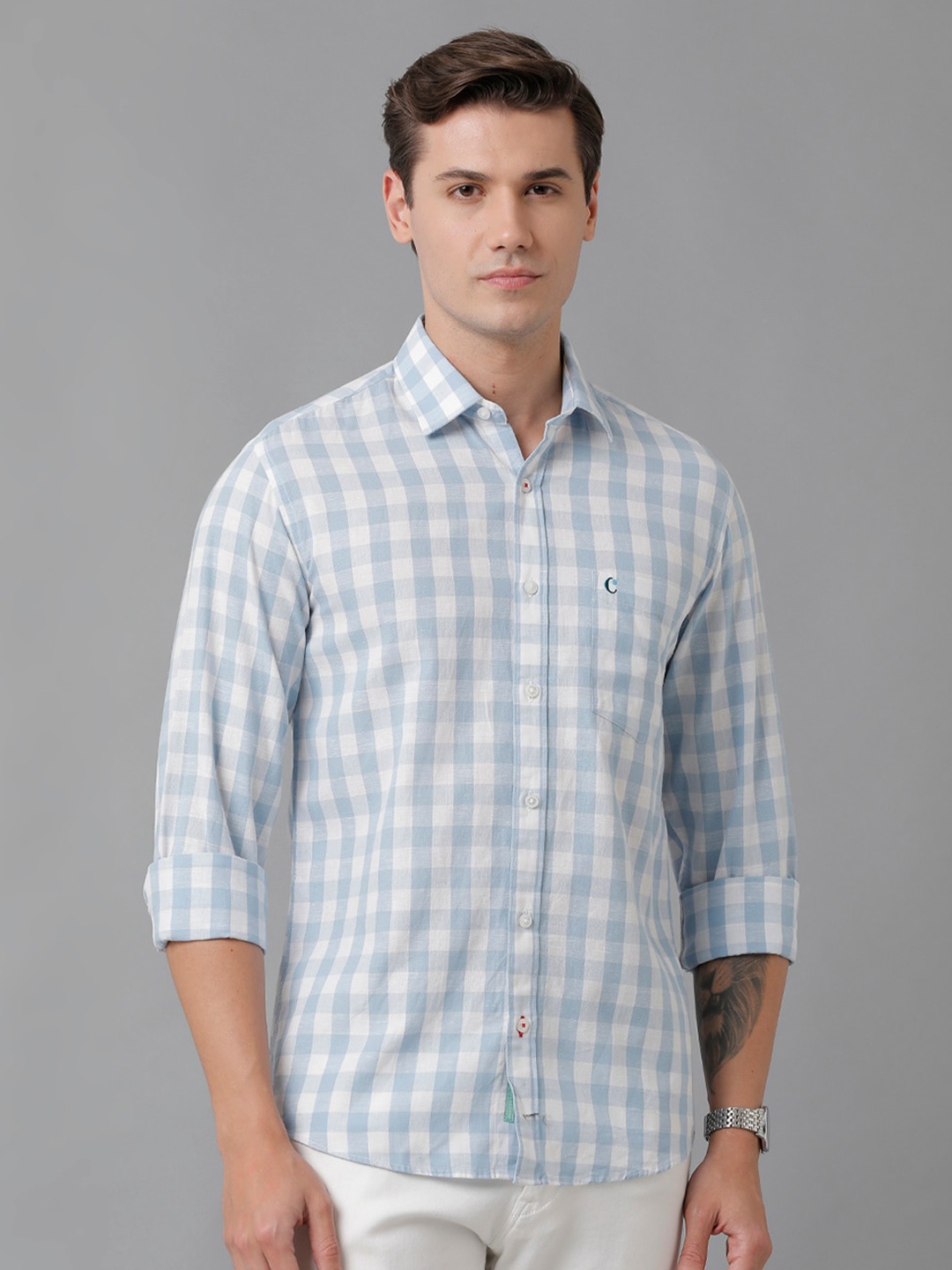 

CAVALLO by Linen Club Men Checked Spread Collar Casual Shirt, Blue
