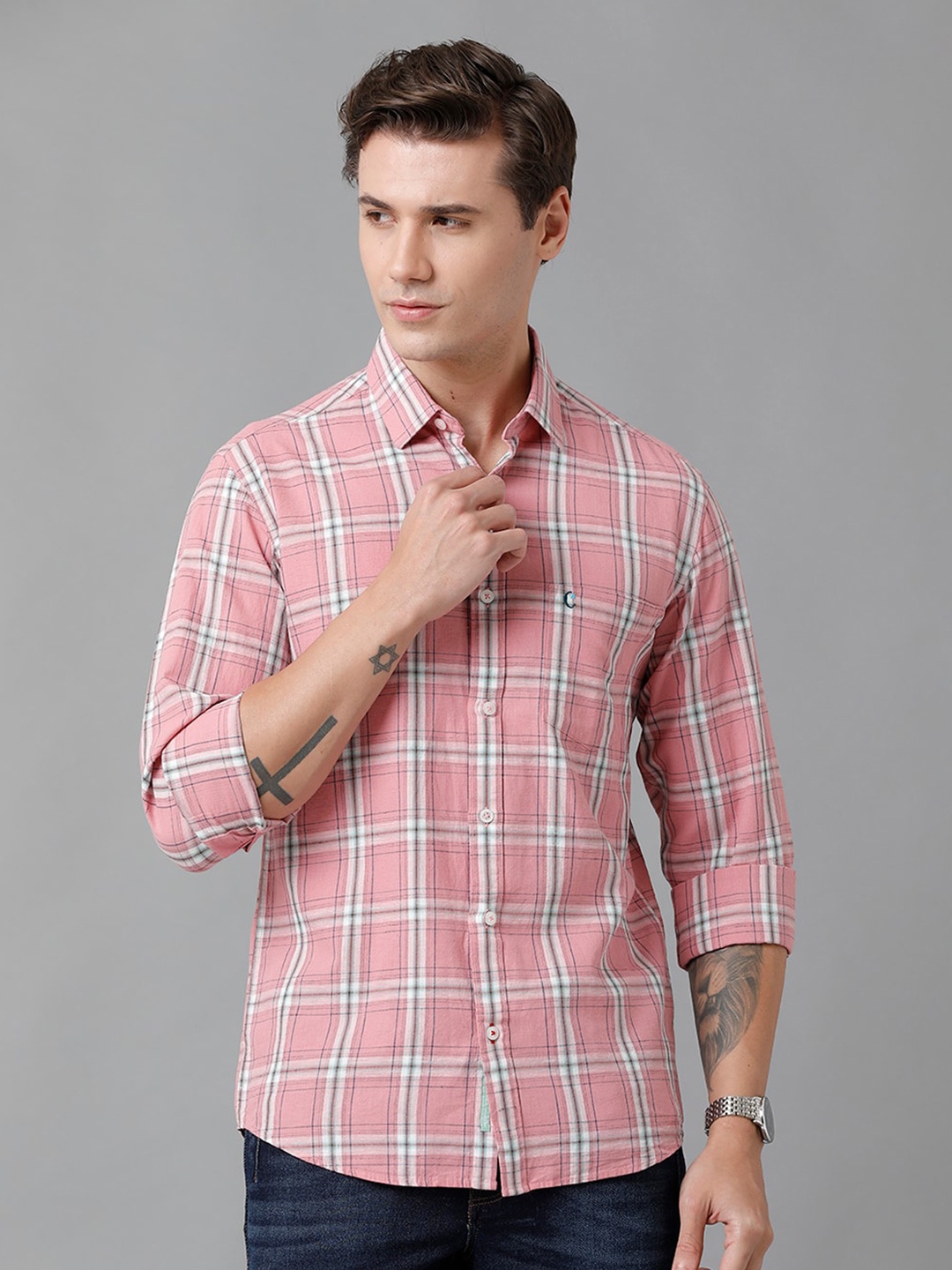 

CAVALLO by Linen Club Men Tartan Checked Casual Shirt, Pink