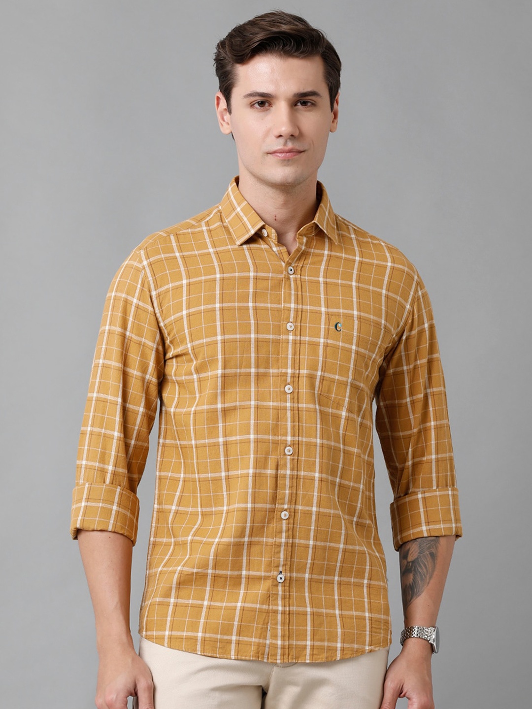 

CAVALLO by Linen Club Men Tartan Checked Casual Shirt, Yellow