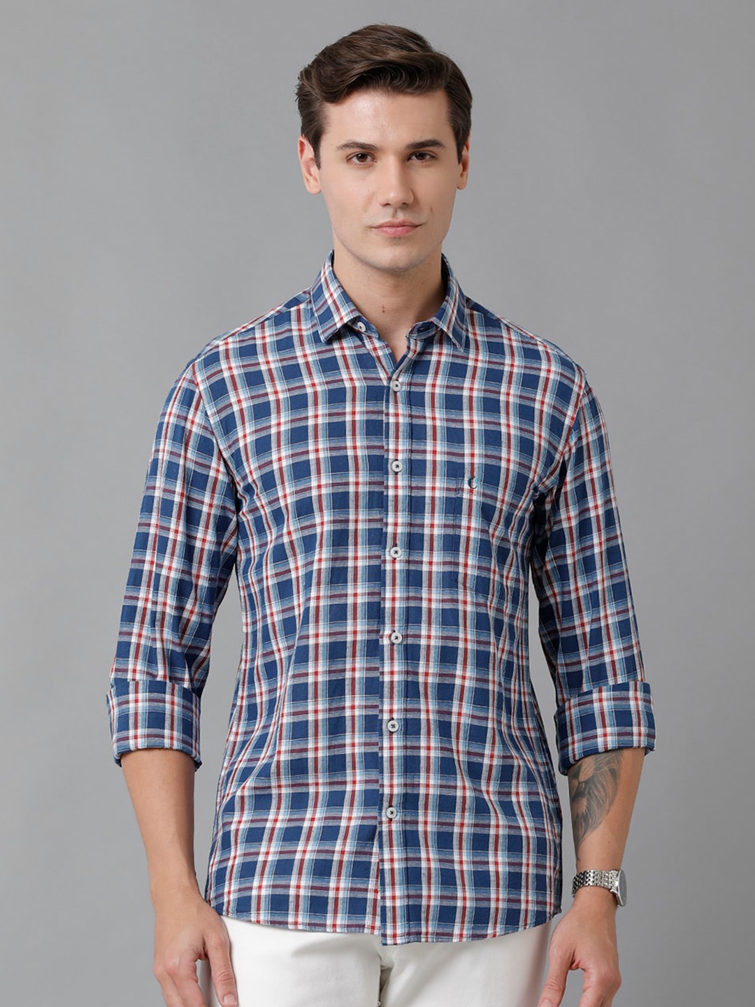 

CAVALLO by Linen Club Men Tartan Checks Checked Casual Shirt, Blue
