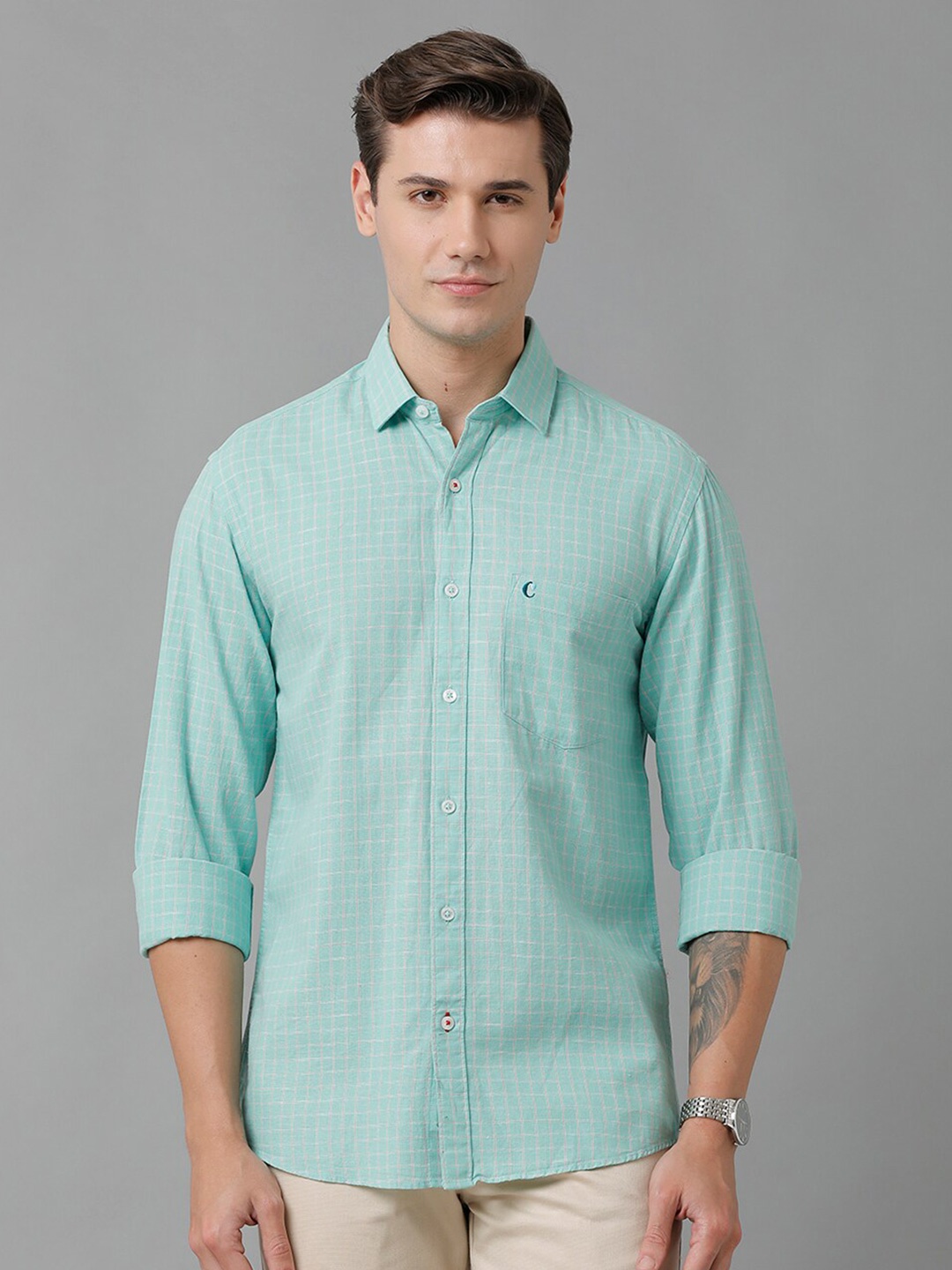 

CAVALLO by Linen Club Men Multi Stripes Checked Casual Shirt, Green