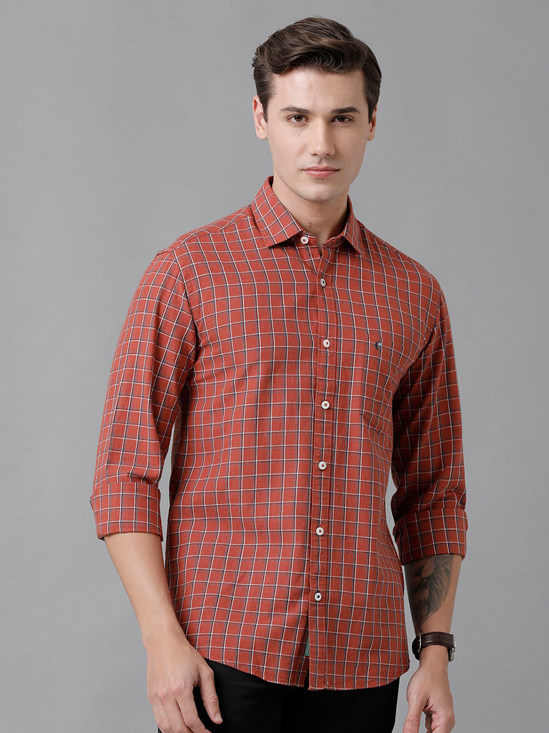 

CAVALLO by Linen Club Men Checked Linen Casual Shirt, Red