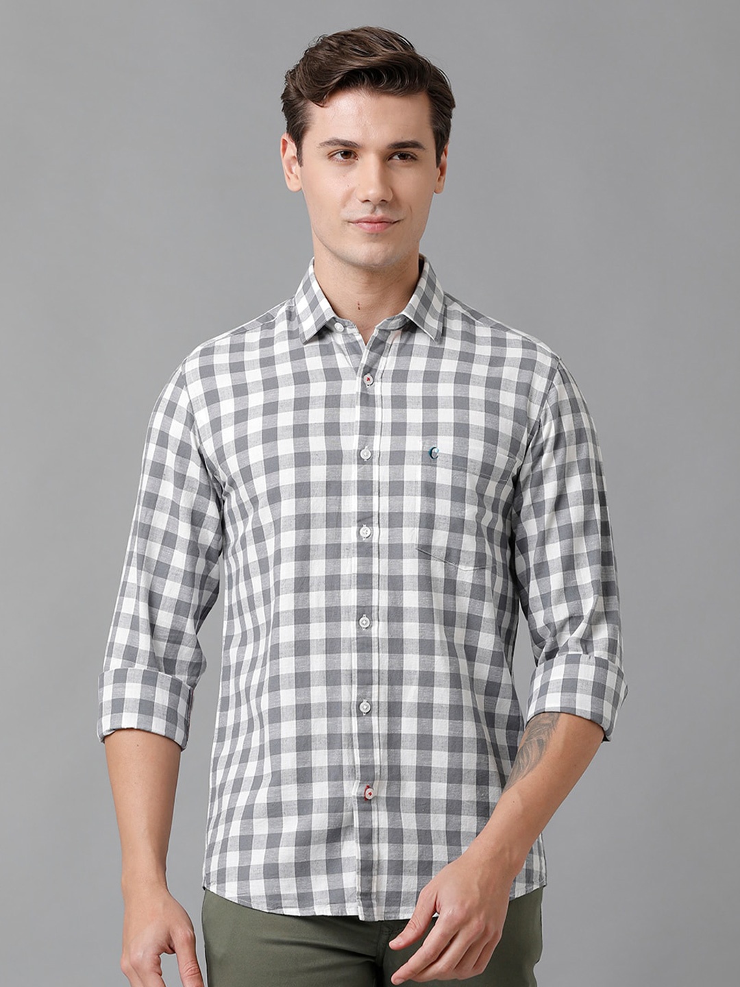 

CAVALLO by Linen Club Men Gingham Checks Casual Shirt, Grey