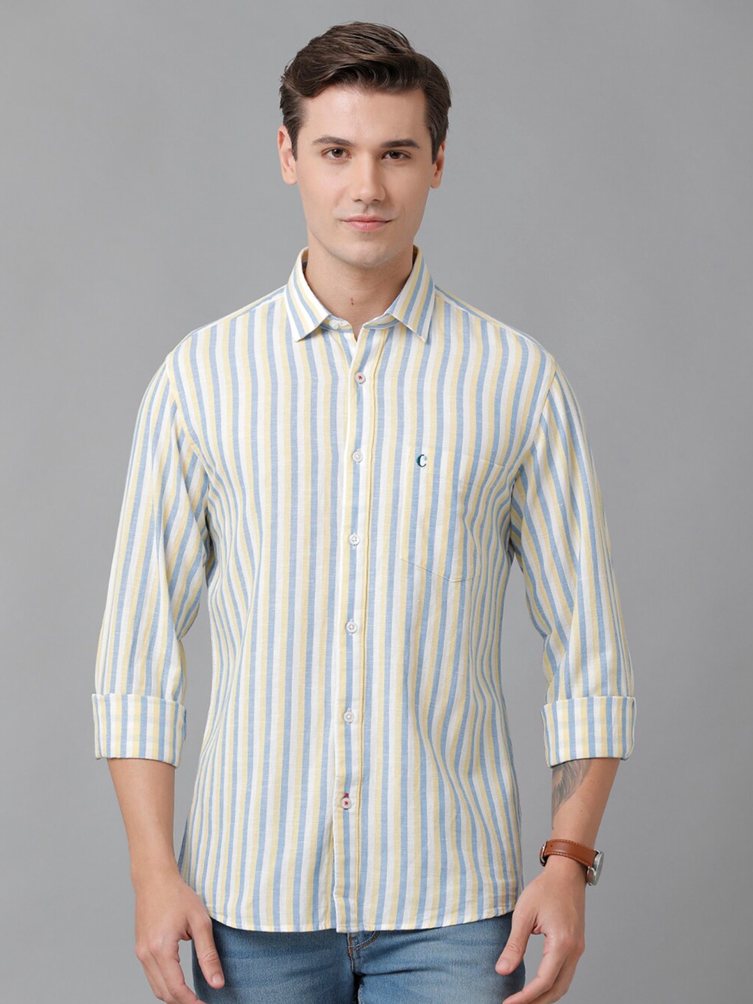 

CAVALLO by Linen Club Men Striped Casual Shirt, Yellow