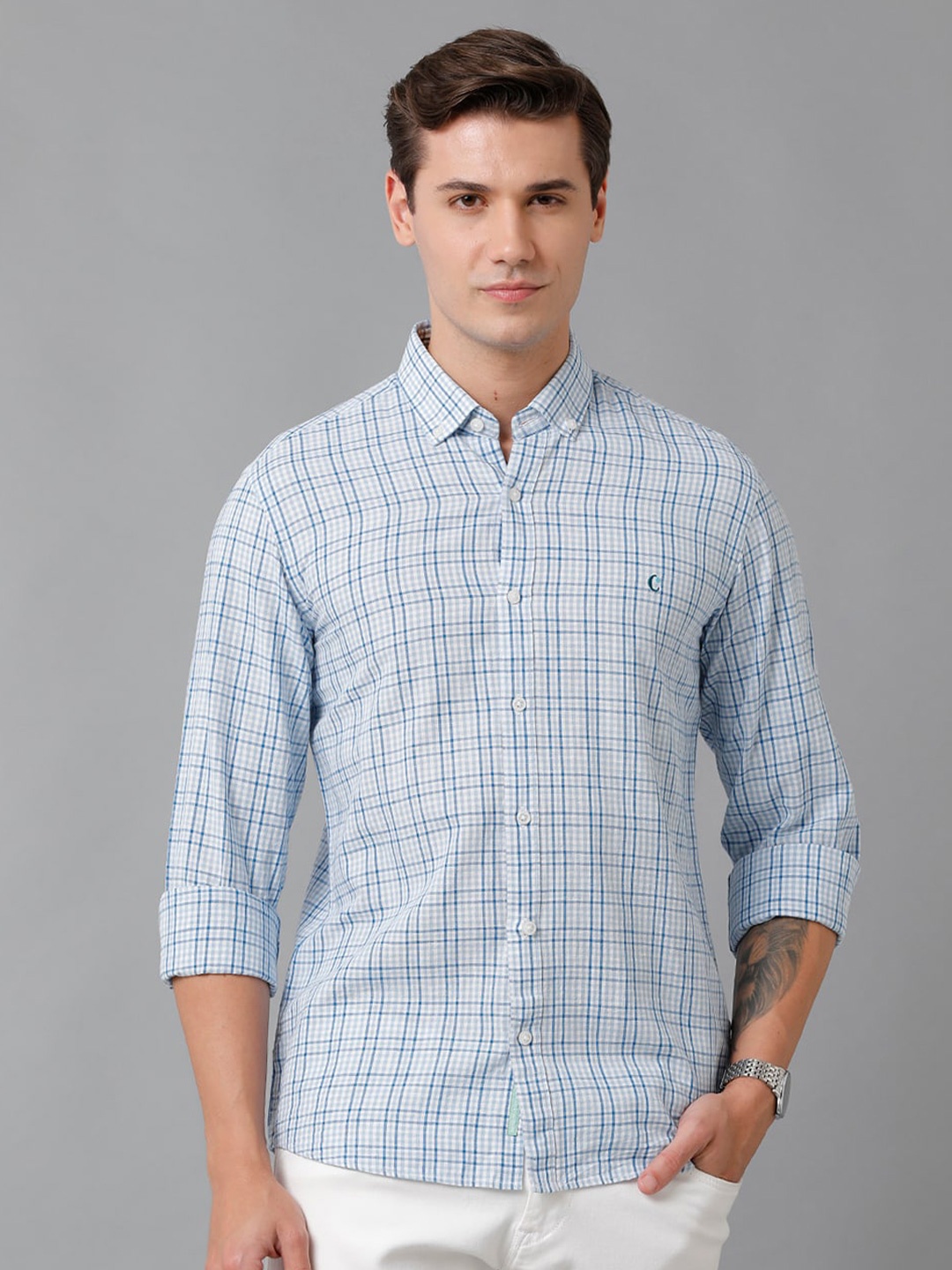 

CAVALLO by Linen Club Men Windowpane Checks Checked Linen Casual Shirt, Blue