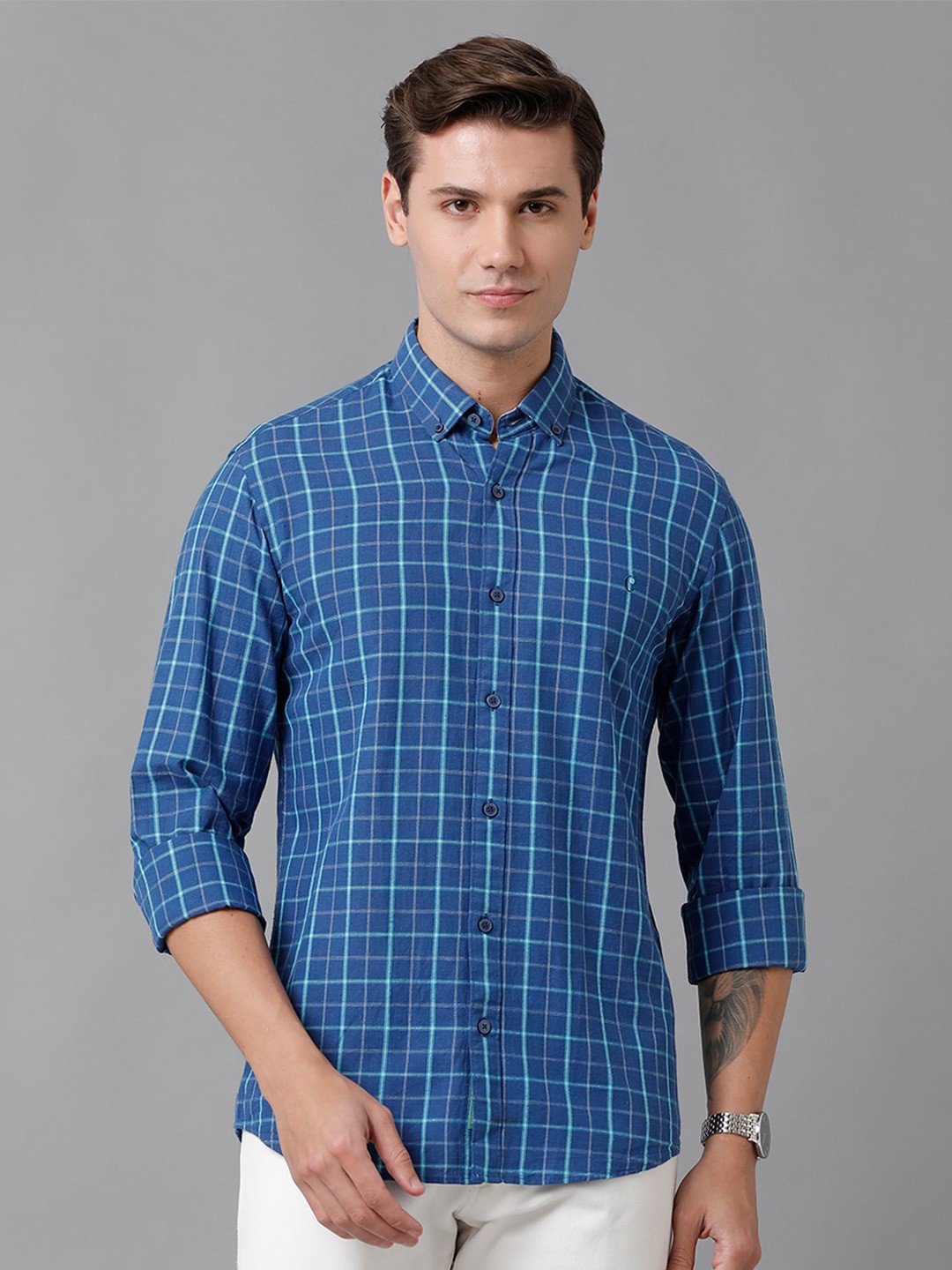 

CAVALLO by Linen Club Men Checked Spread Collar Casual Shirt, Blue