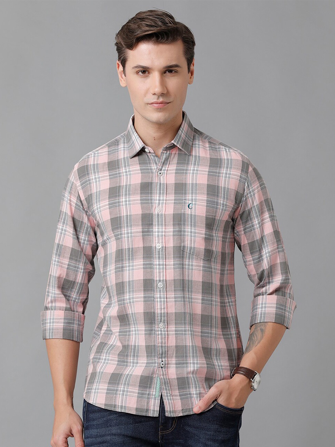 

CAVALLO by Linen Club Men Tartan Checks Casual Shirt, Pink