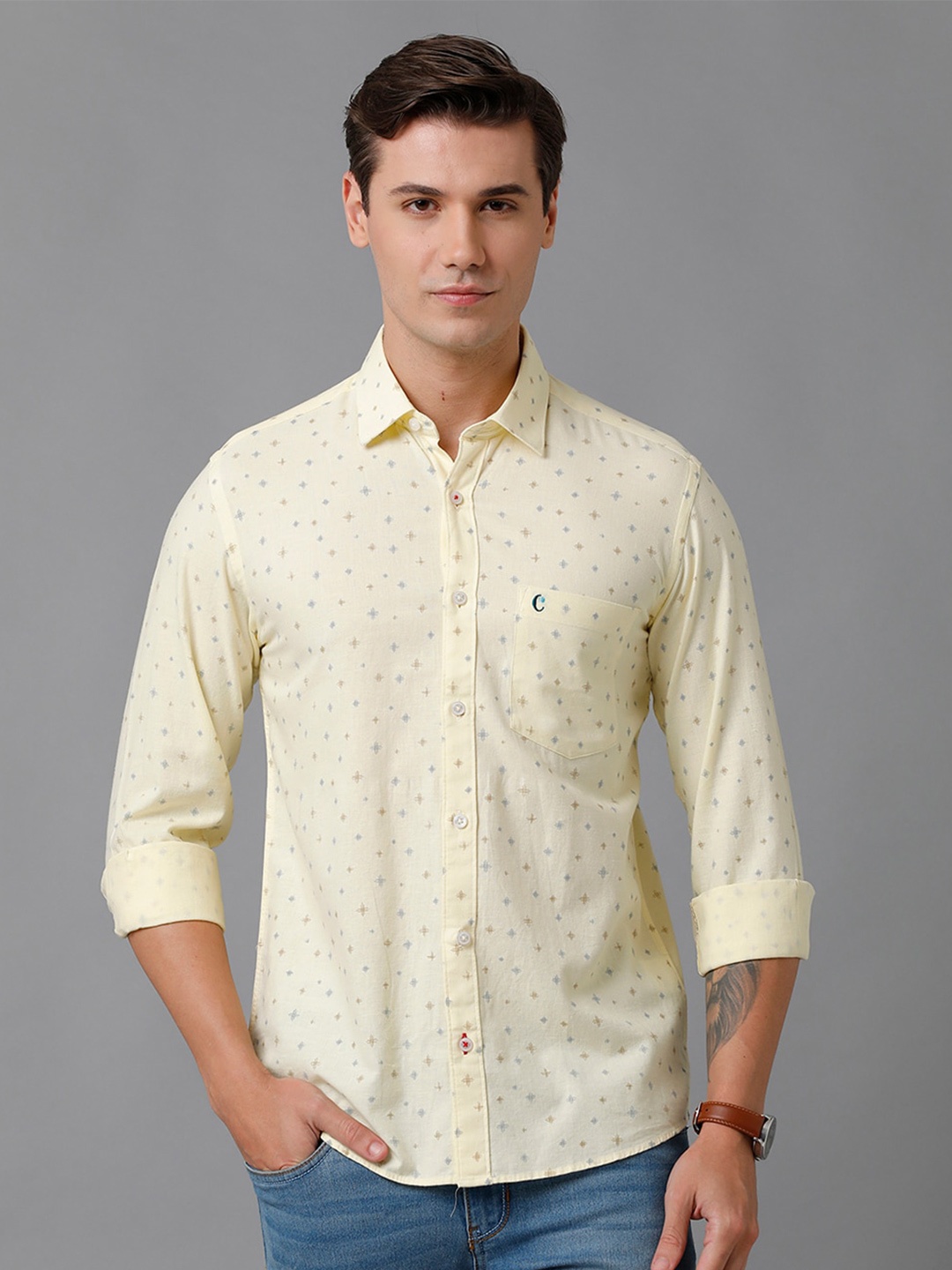 

CAVALLO by Linen Club Men Printed Casual Shirt, Yellow