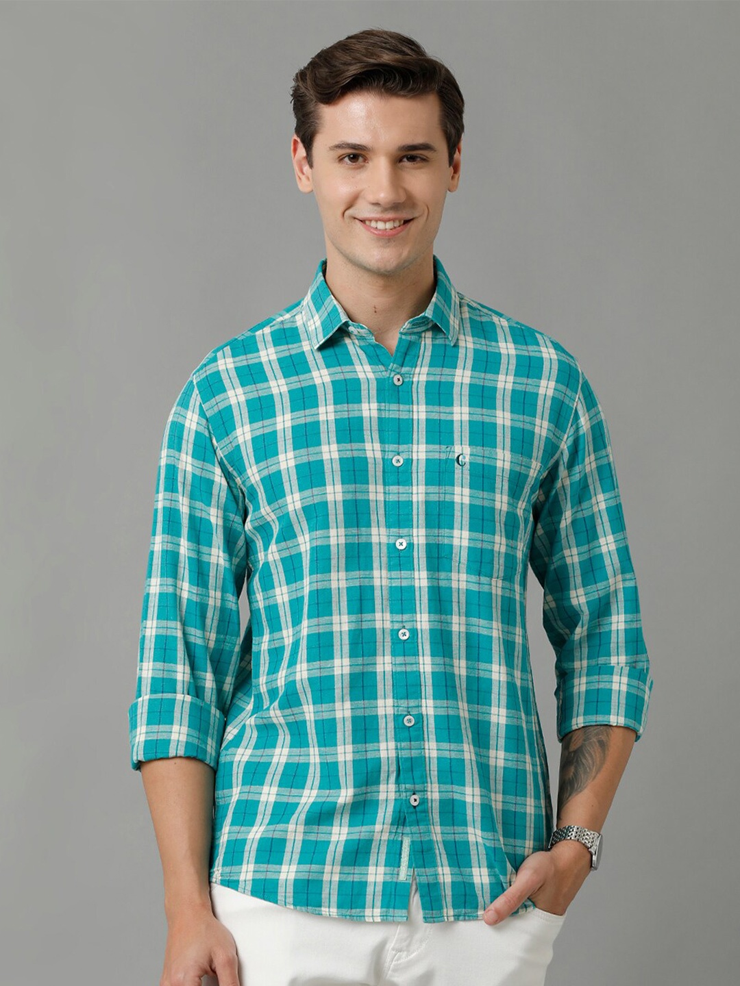 

CAVALLO by Linen Club Men Checked Casual Shirt, Green