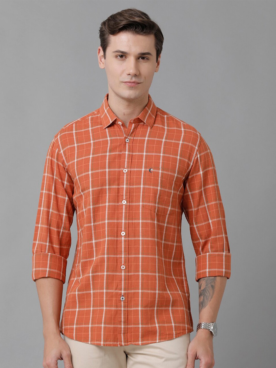 

CAVALLO by Linen Club Men Checked Casual Shirt, Orange