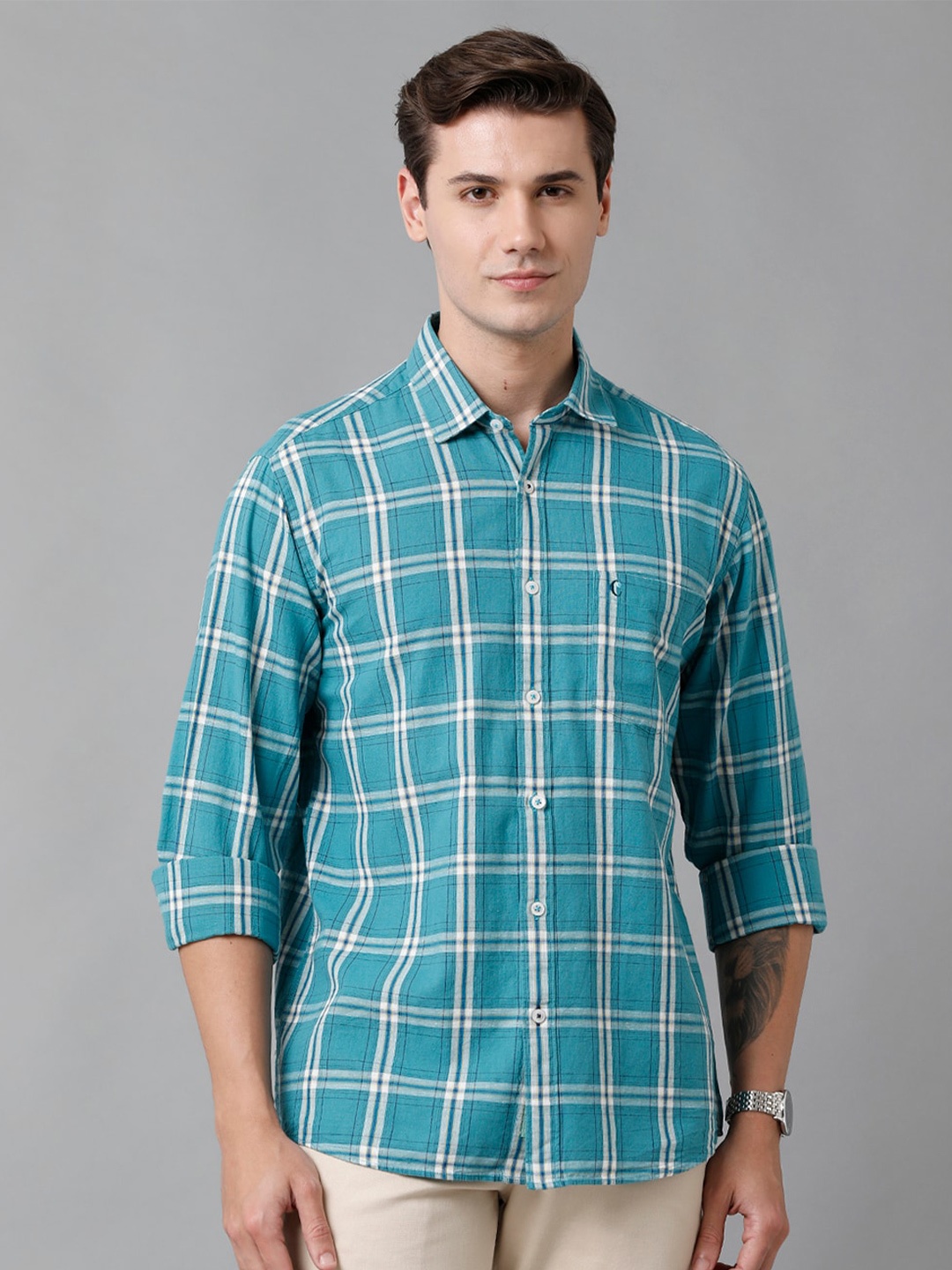 

CAVALLO by Linen Club Men Tartan Checks Checked Casual Shirt, Turquoise blue