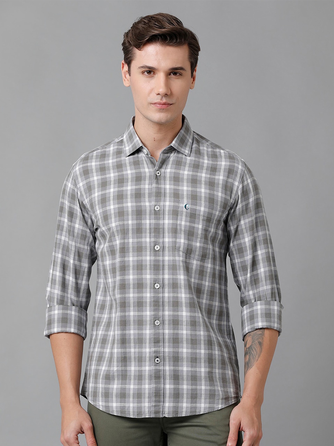 

CAVALLO by Linen Club Men Tartan Checks Casual Shirt, Grey