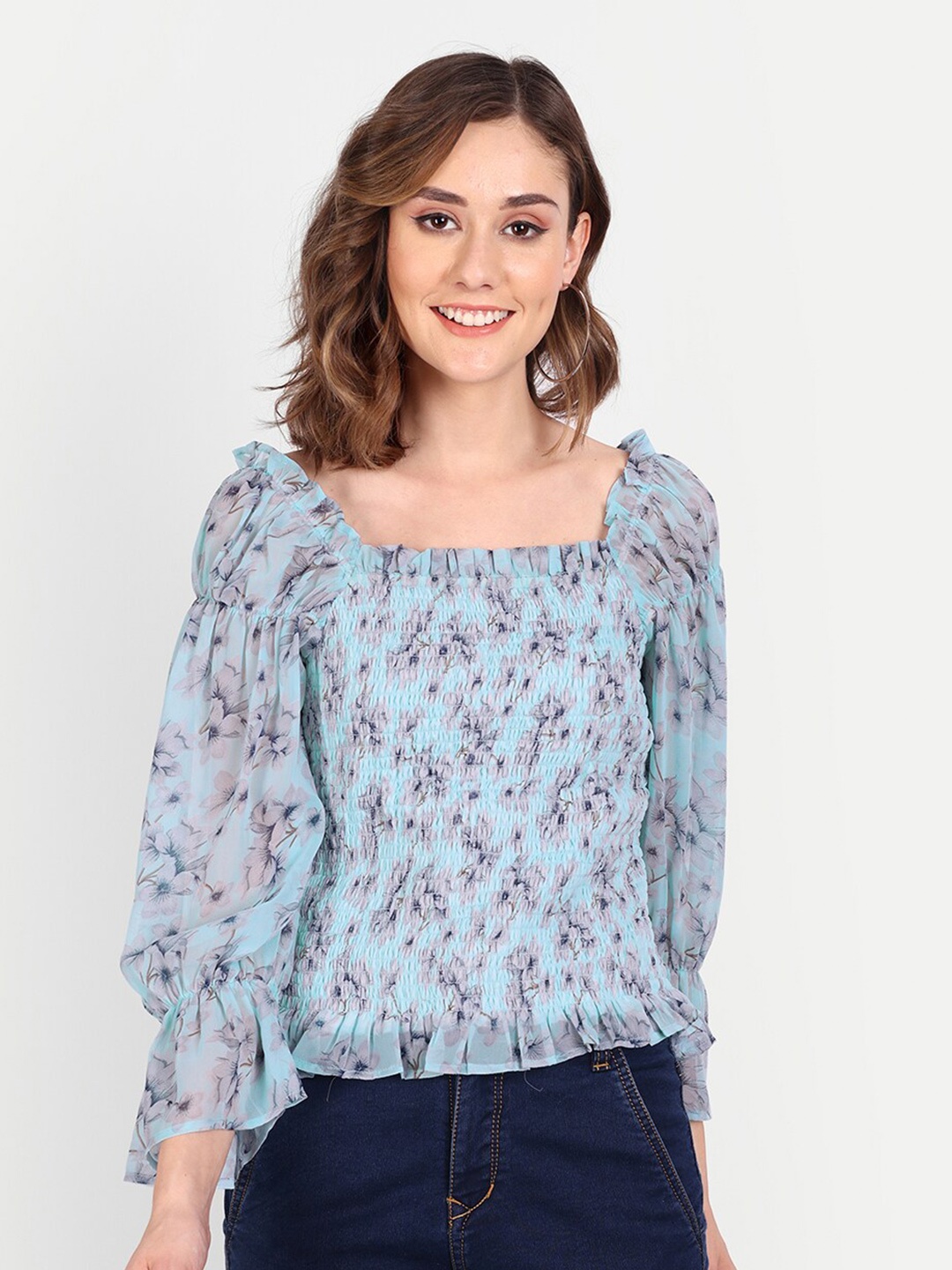 

ESSQUE Floral Print Georgette Blouson Top, Blue