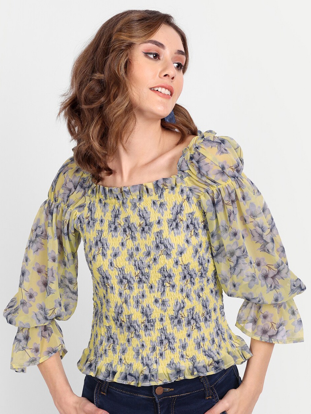 

ESSQUE Floral Printed Puff Sleeves Top, Yellow