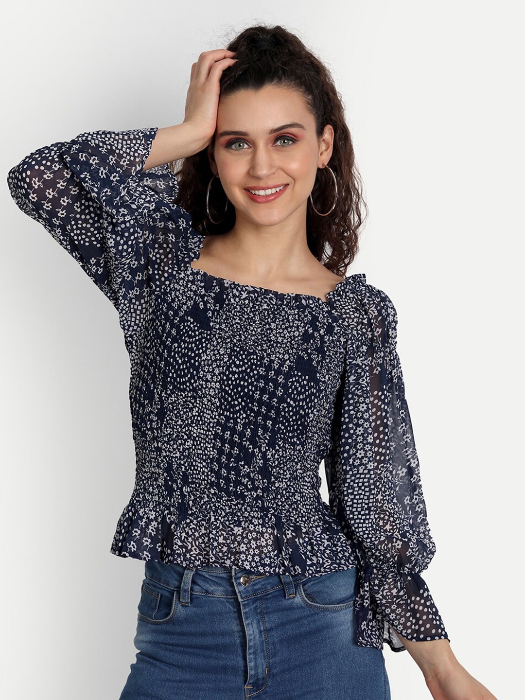 

ESSQUE Floral Printed Puff Sleeves Top, Blue