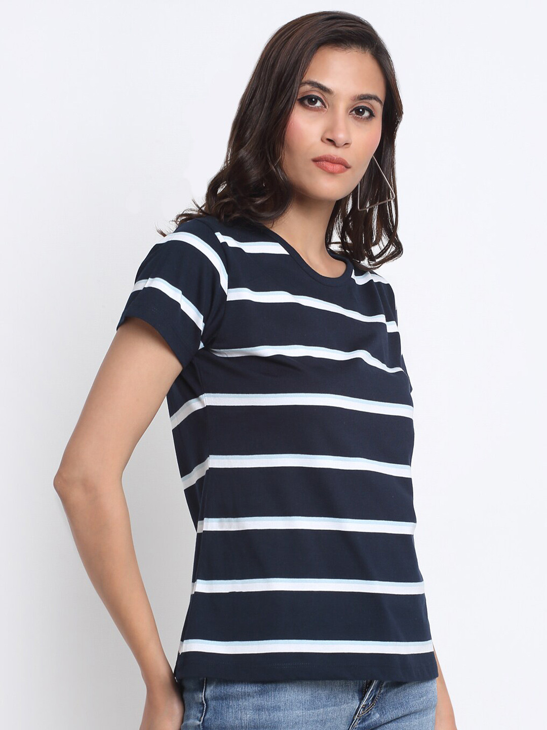 

HARBOR N BAY Women Navy Blue Striped T-shirt