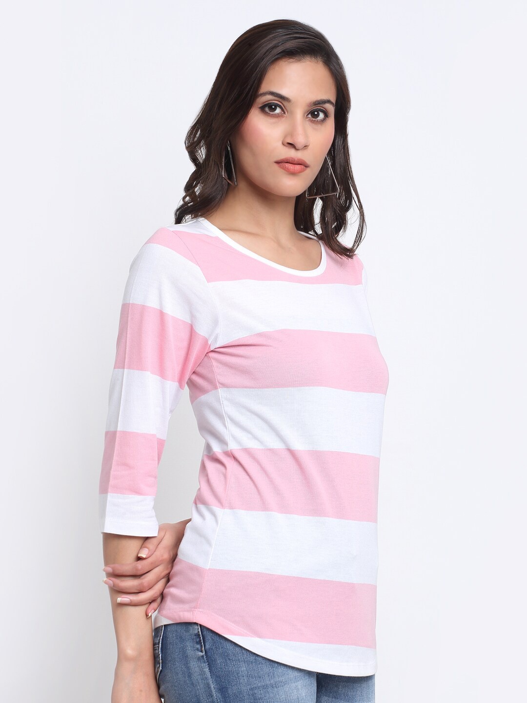

HARBOR N BAY Women Pink Striped V-Neck Extended Sleeves T-shirt