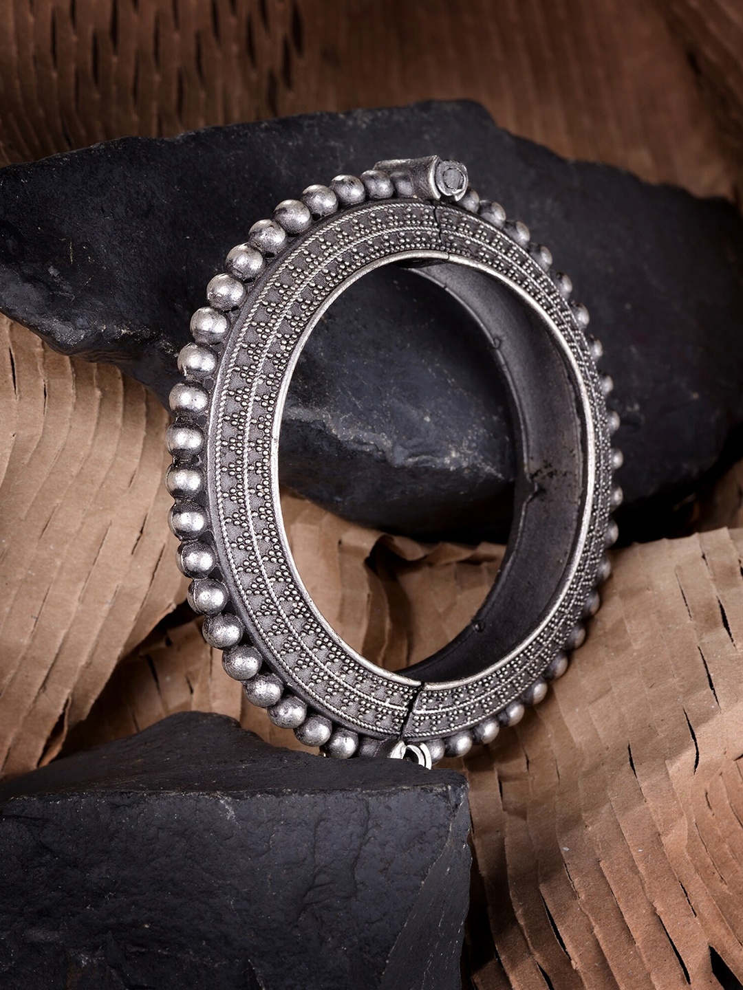 

Saraf RS Jewellery Women Silver-Toned Brass Cubic Zirconia Handcrafted Silver-Plated Bangle-Style Bracelet