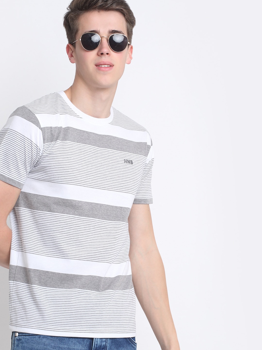 

HARBOR N BAY Men Grey Striped Extended Sleeves T-shirt
