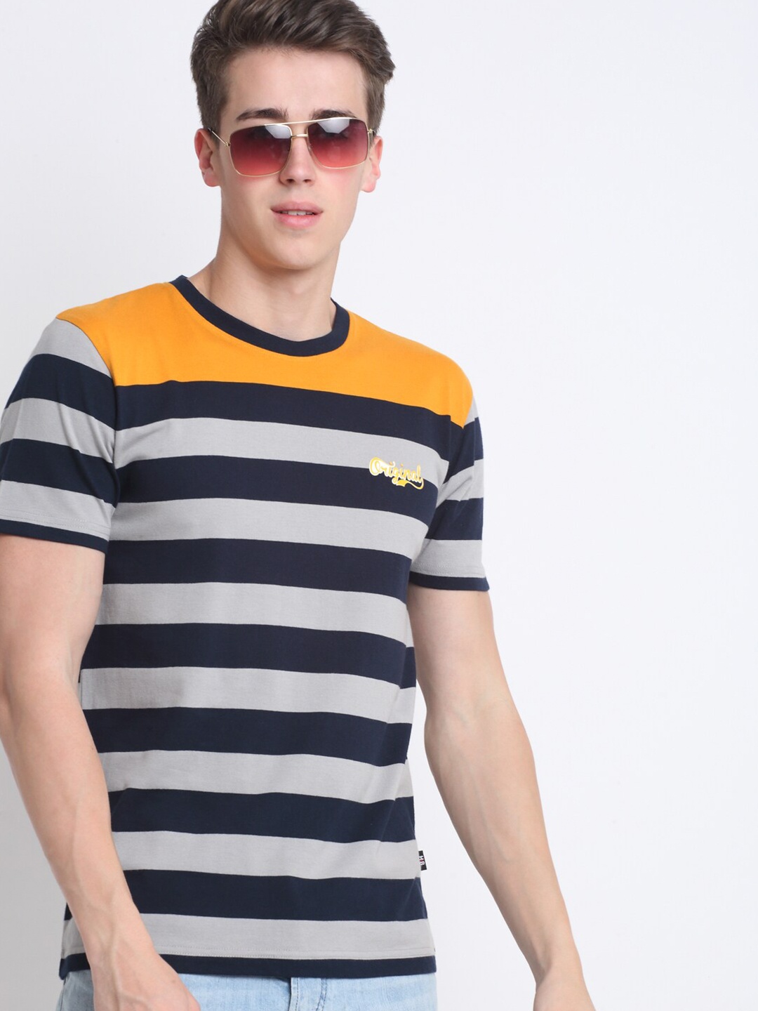 

HARBOR N BAY Men Yellow Striped Extended Sleeves Applique T-shirt