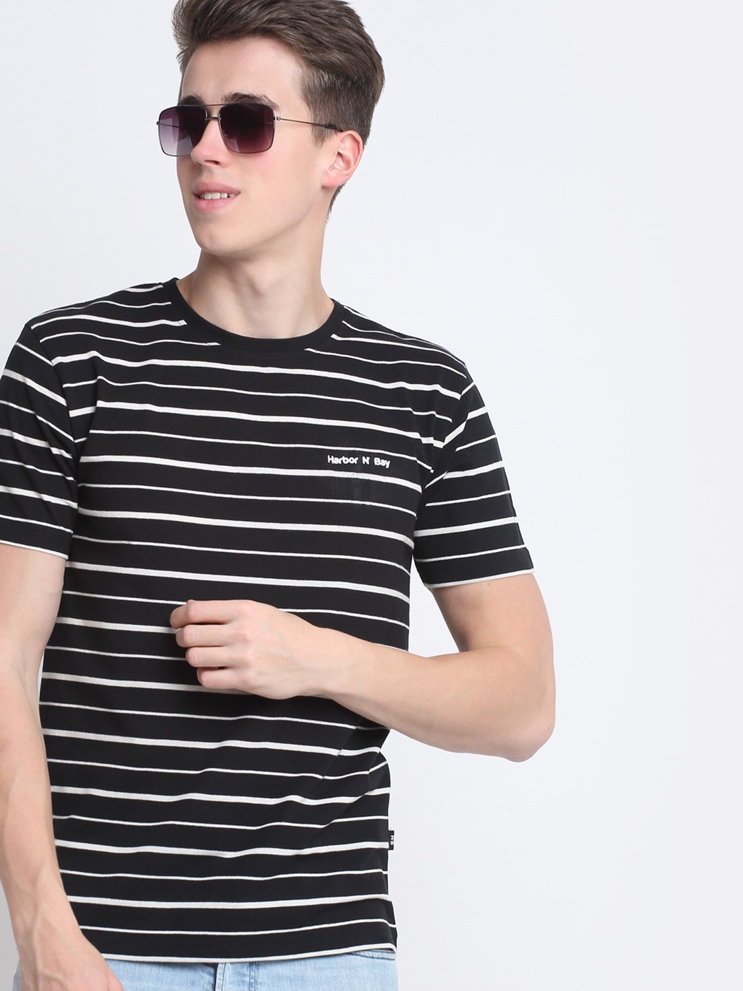

HARBOR N BAY Men Black Striped T-shirt
