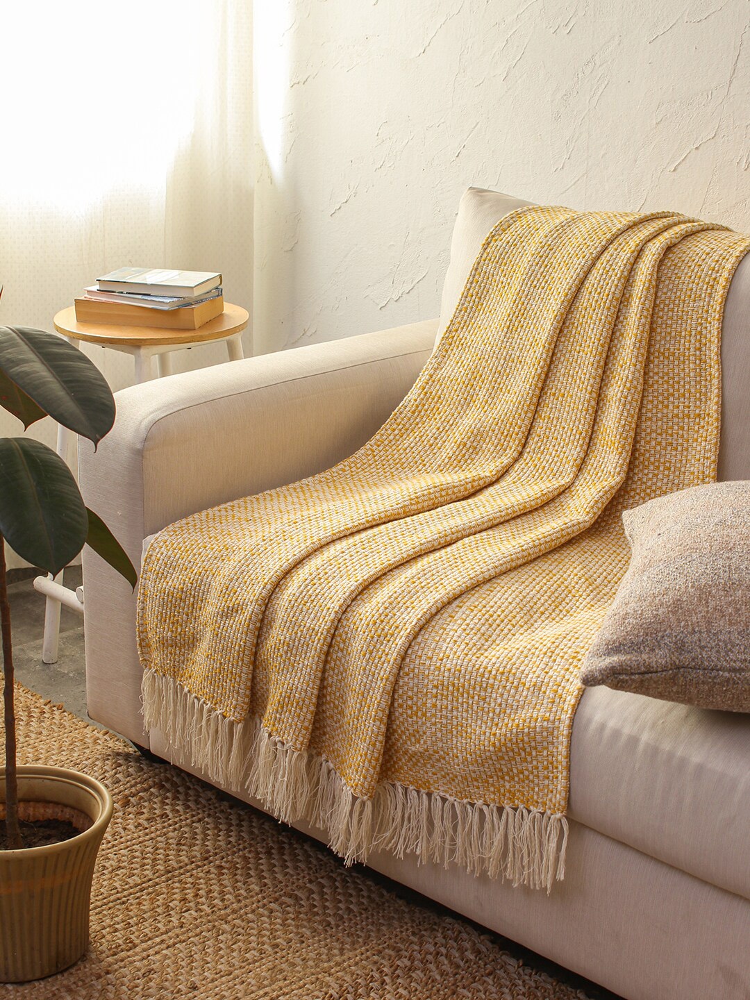 

House This Nallamala Yellow Self Design Cotton Throw