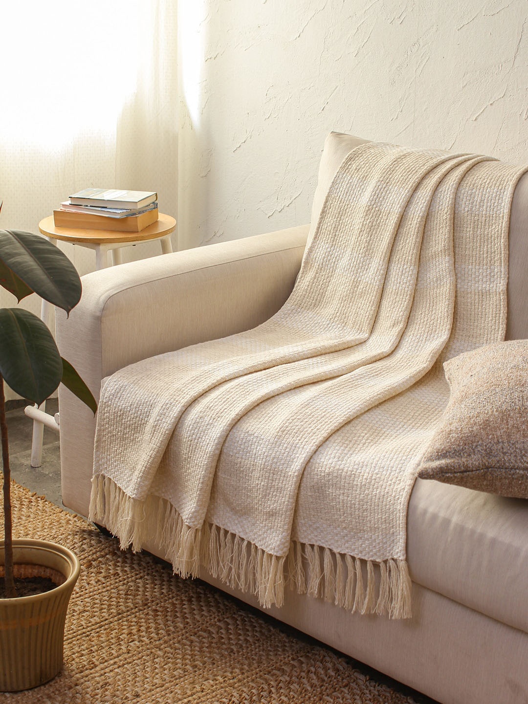 

House This Beige Striped Knitted Pure Cotton Throws