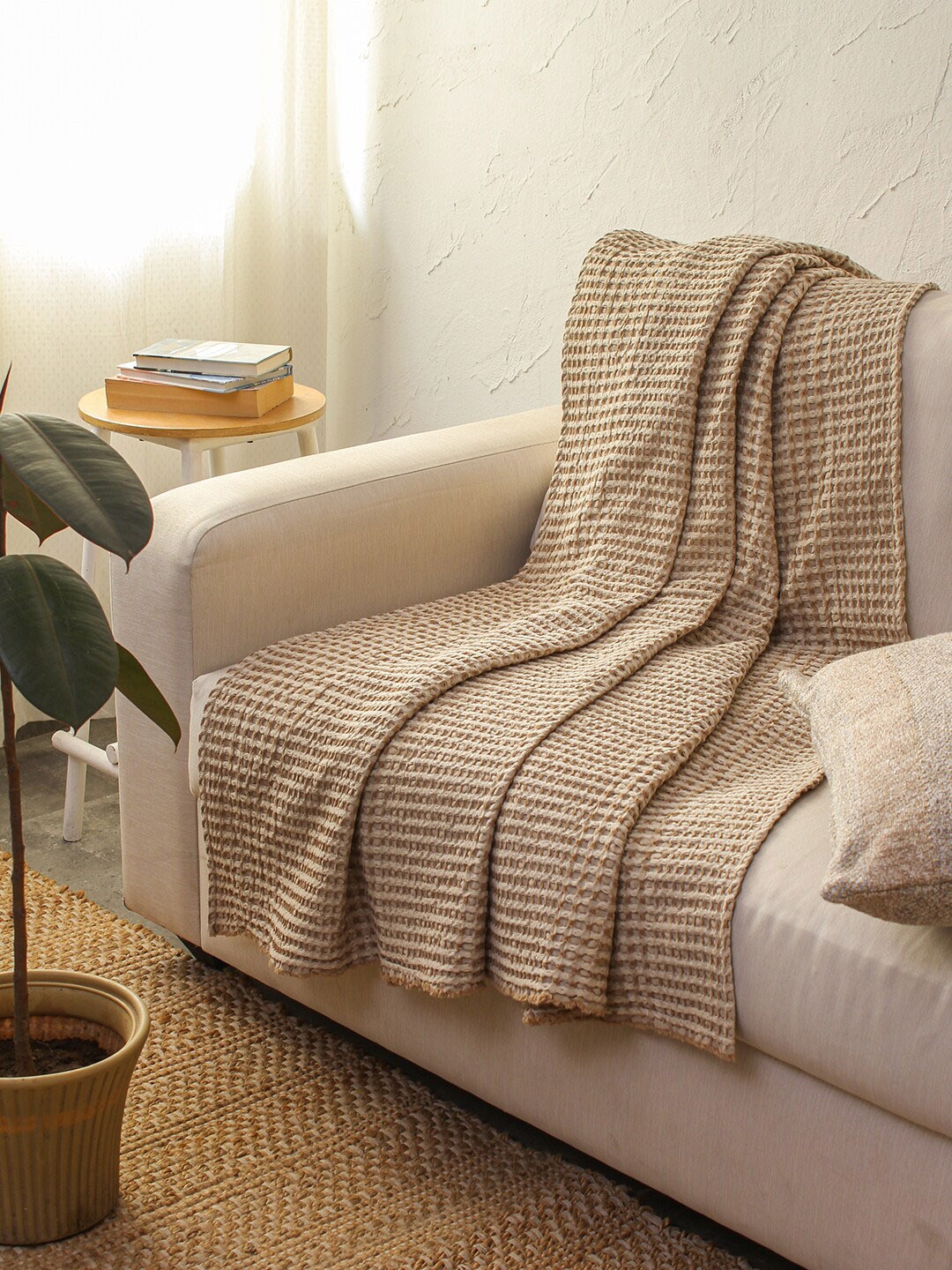 

House This Karakoram Beige Self Design Cotton Throw