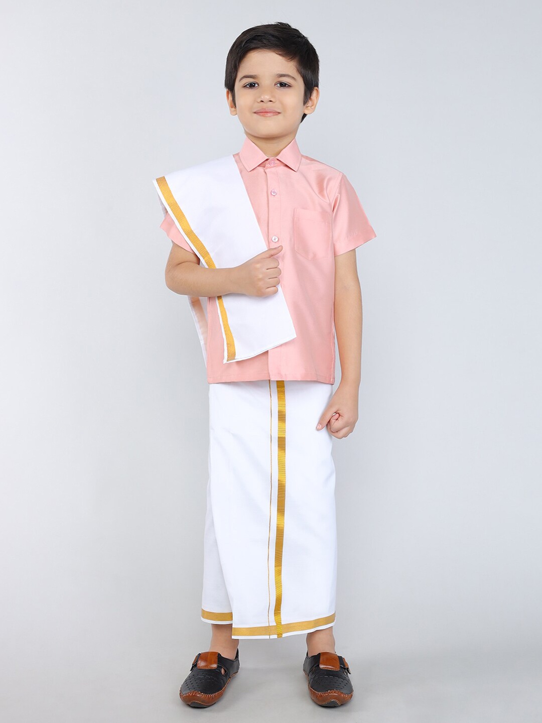 

JBN Creation Boys Shirt with Mundu and Dupatta Set, Pink