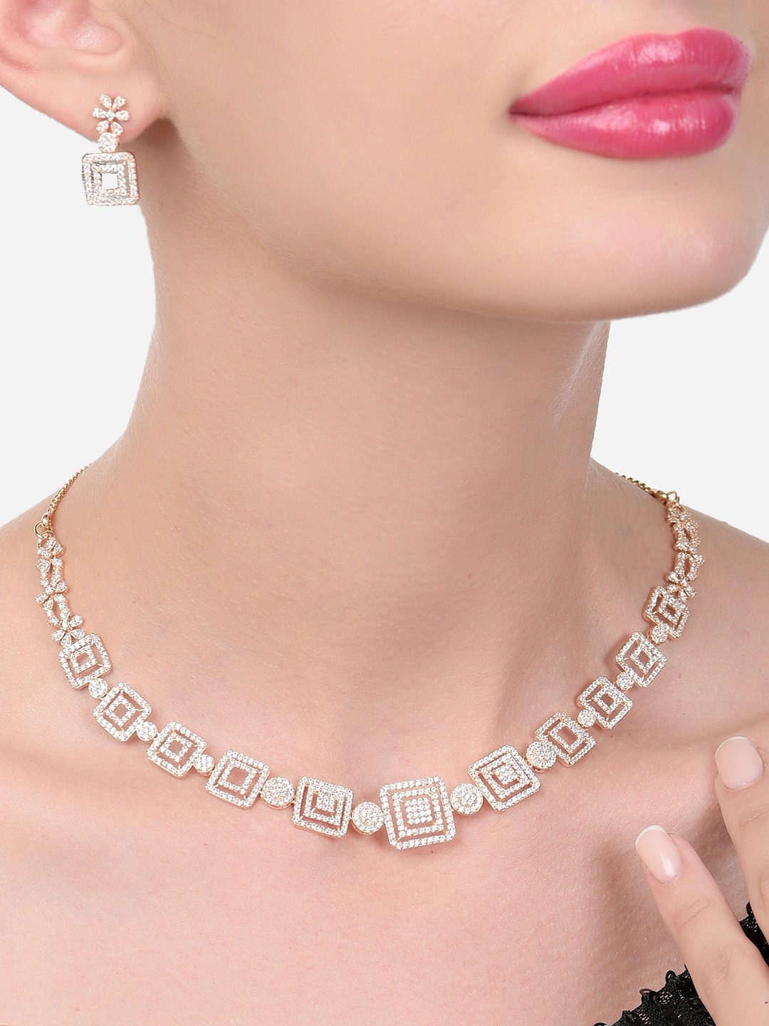 

Zaveri Pearls Rose Gold-Plating CZ Studded Jewellery Set