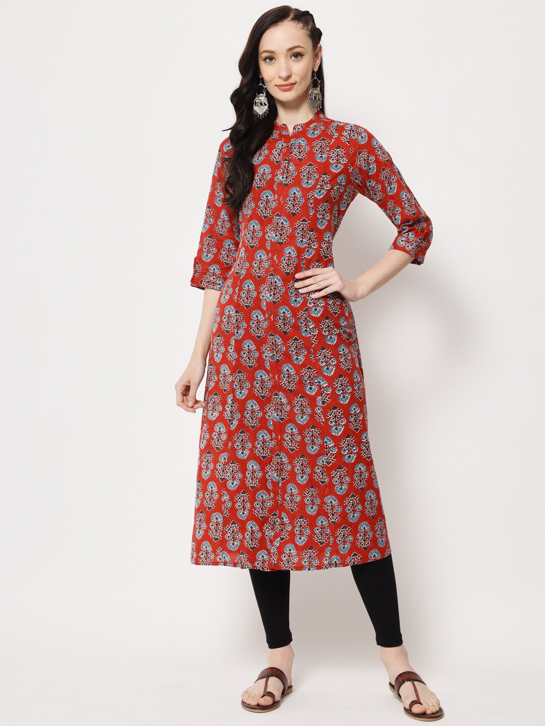 

HERE&NOW Women Ethnic Motifs Printed Pure Cotton Kurta, Red