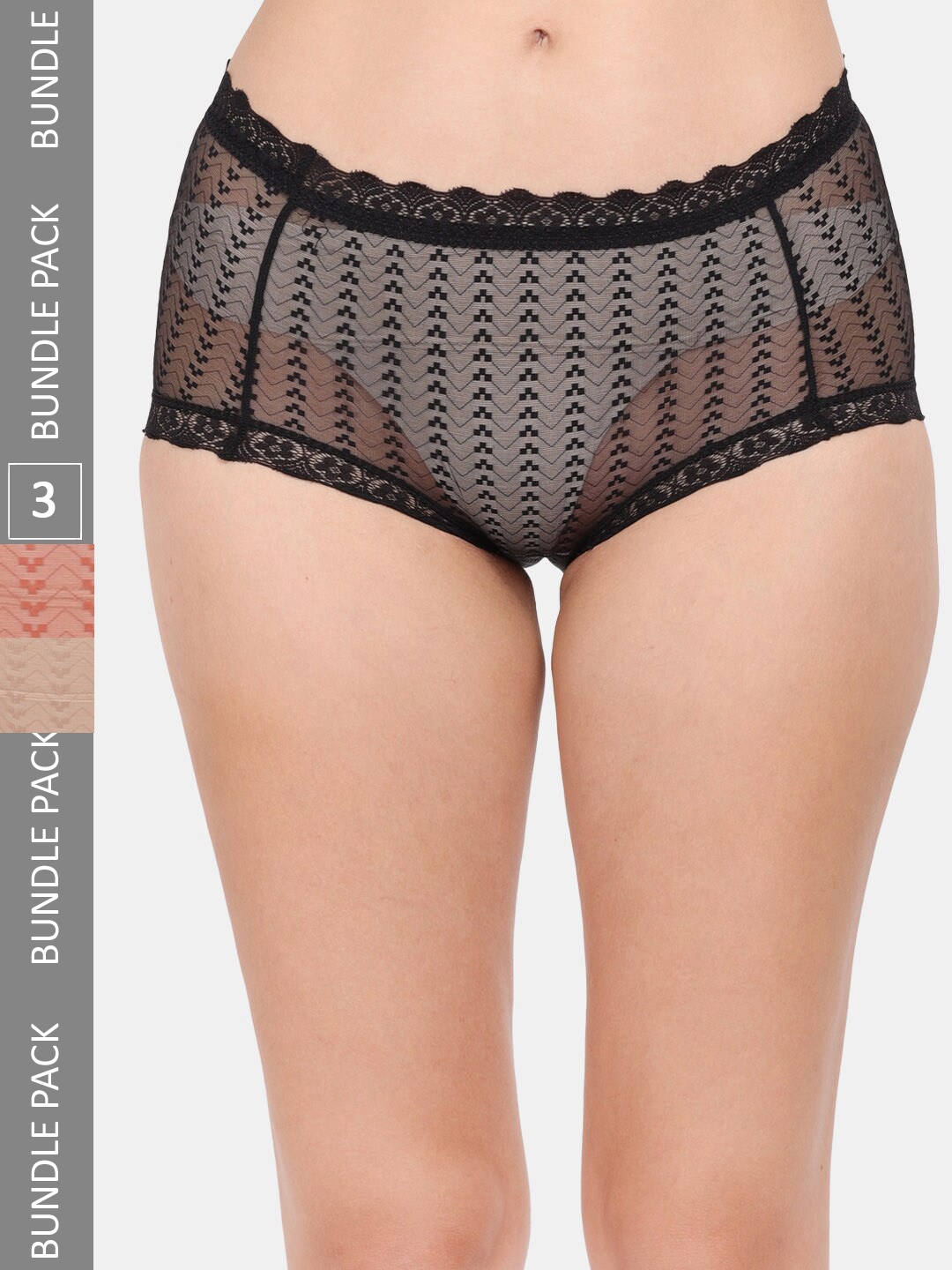

Amour Secret Women Pack Of 3 Self-Design Laced Mid-Rise Hipster Briefs, Black