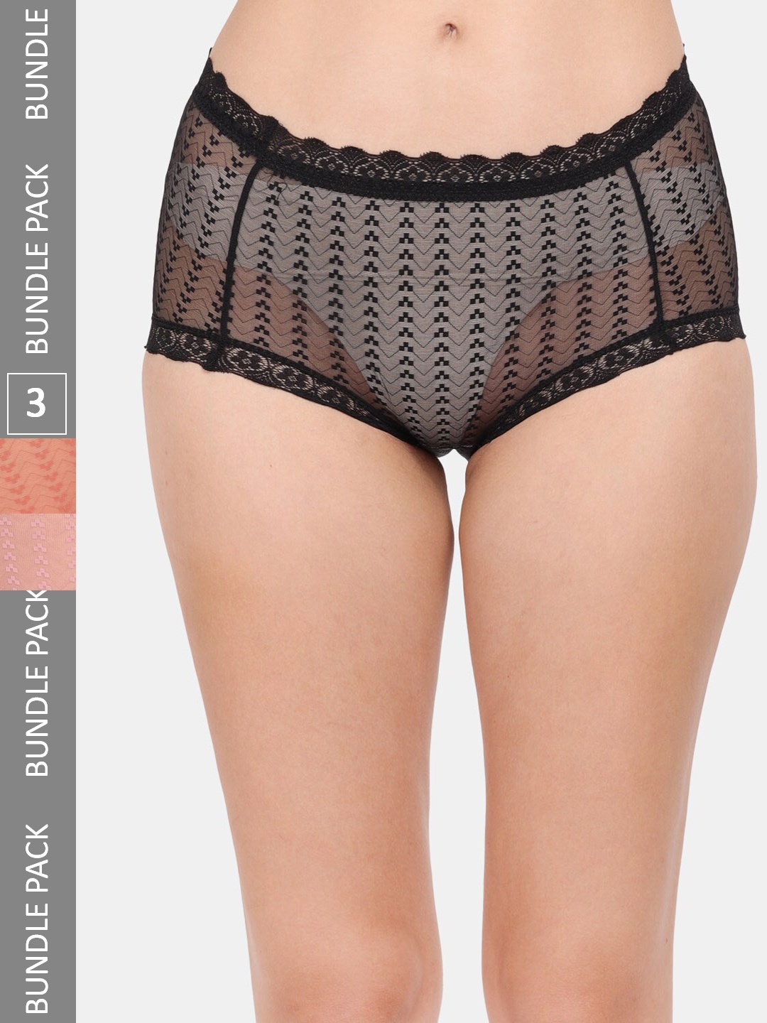 

Amour Secret Women Pack Of 3 Self-Design Laced Mid-Rise Hipster Briefs, Black