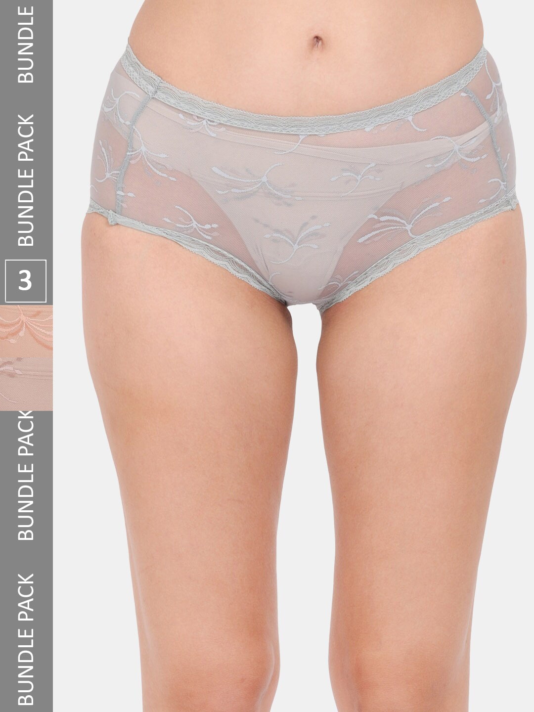 Amour Secret Women Pack Of 3 Self Design Anti-Bacterial Hipster Briefs, Grey