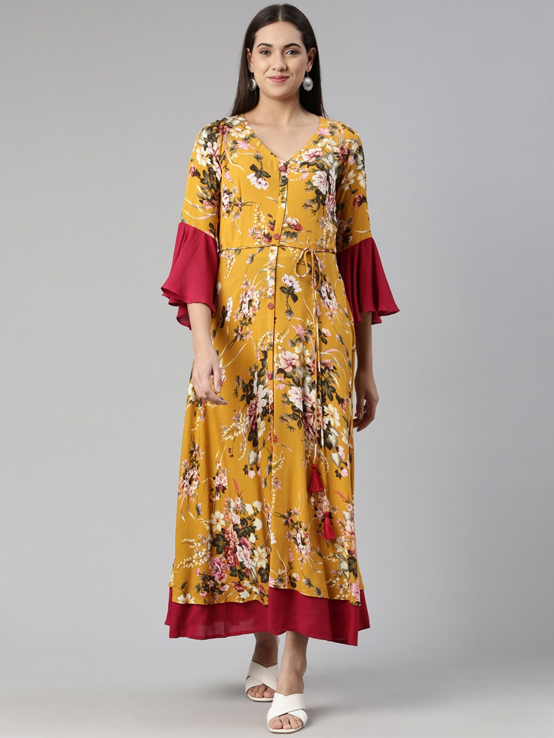

Neerus Floral Ethnic Bell Sleeves Maxi Dress, Mustard