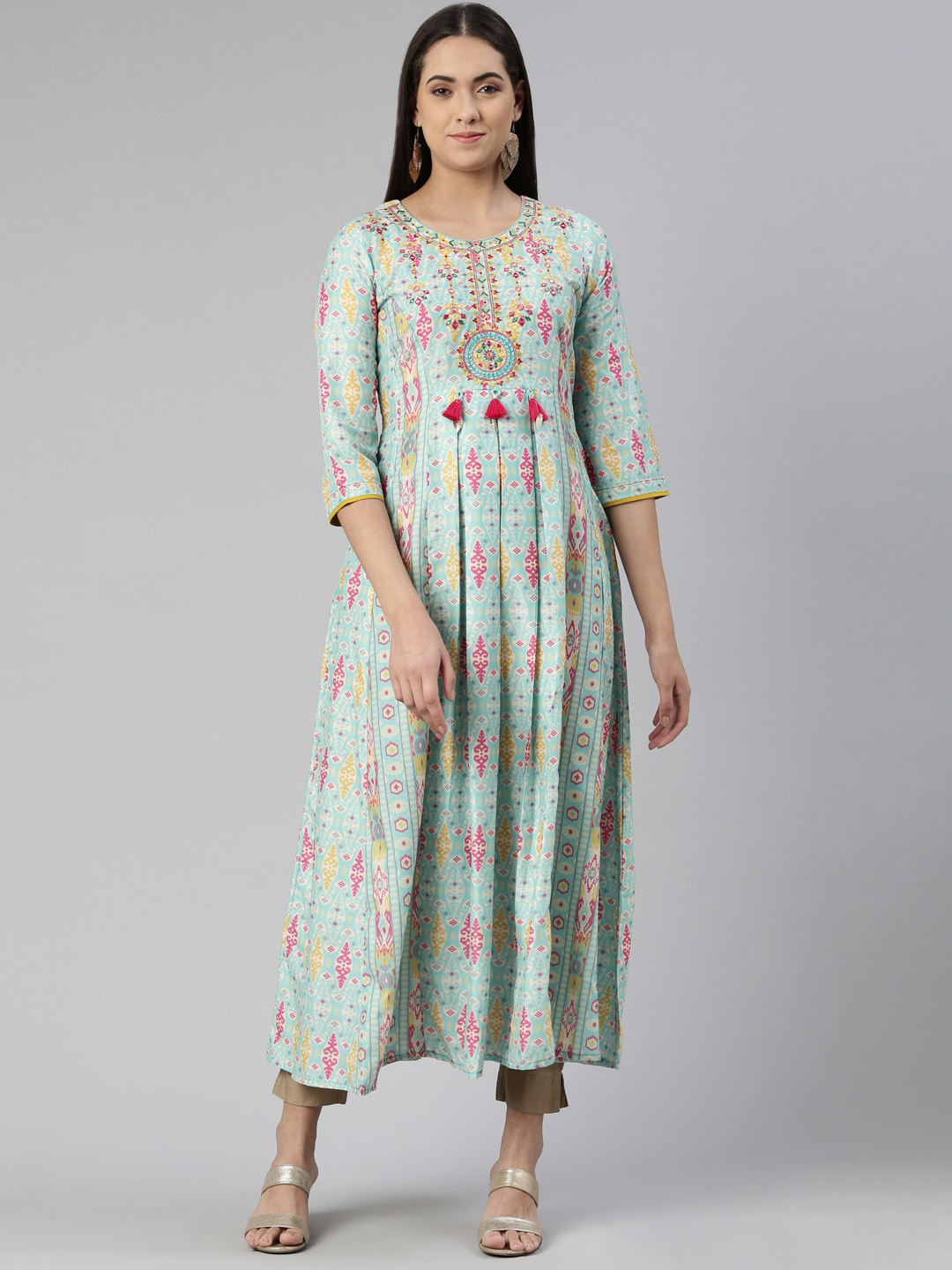 

Neerus Round Neck Floral Printed Ethnic Maxi Cotton Dress, Green
