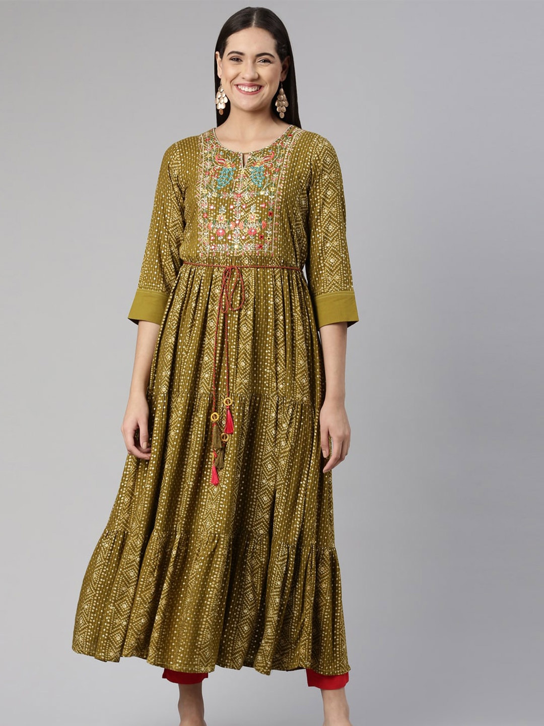 

Neerus Floral Keyhole Neck Ethnic Midi Dress, Green