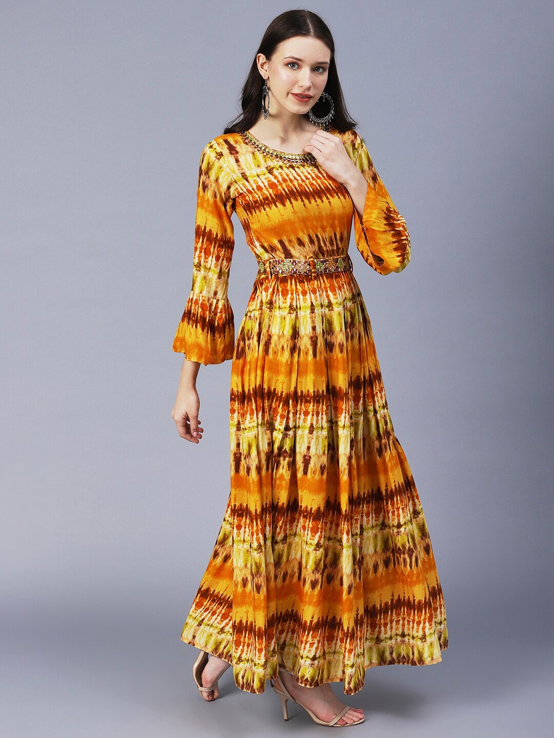 

FASHOR Mustard Yellow Tie and Dye Maxi Maxi Dress