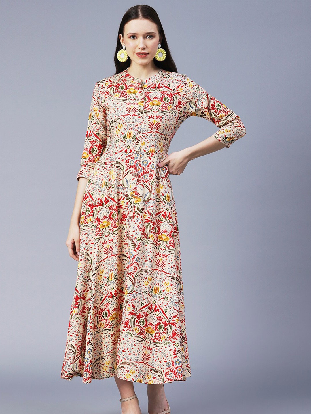 

FASHOR Cream-Coloured Floral Midi Dress