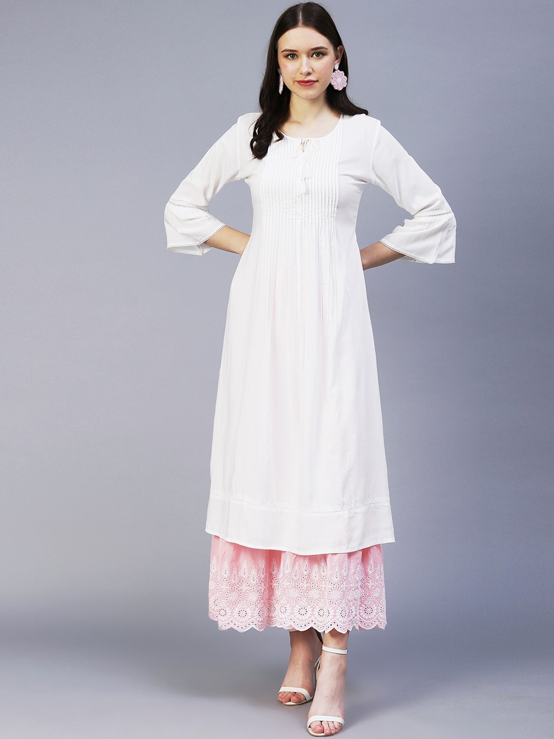 

FASHOR Women Thread Work Pastels Anarkali Kurta, White