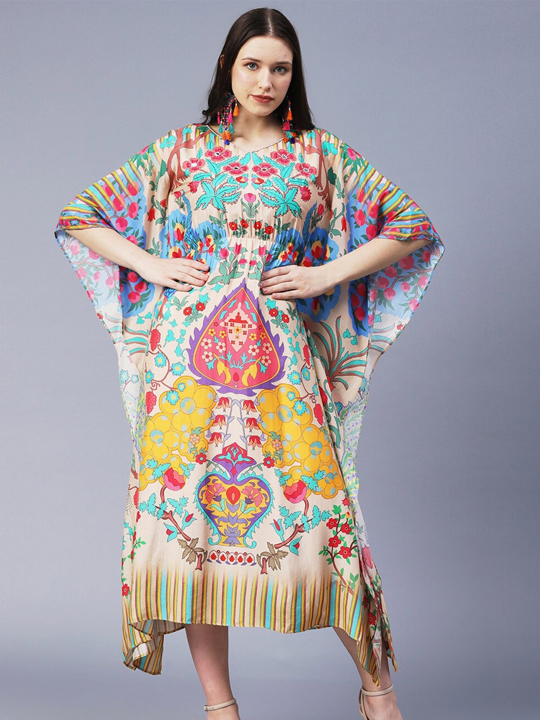 

FASHOR Cream-Coloured Floral Kaftan Maxi Dress