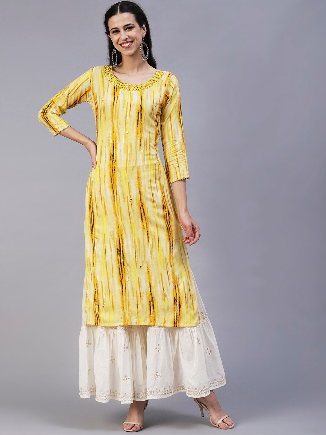 

FASHOR Women Striped Mirror Work Kurta, Yellow