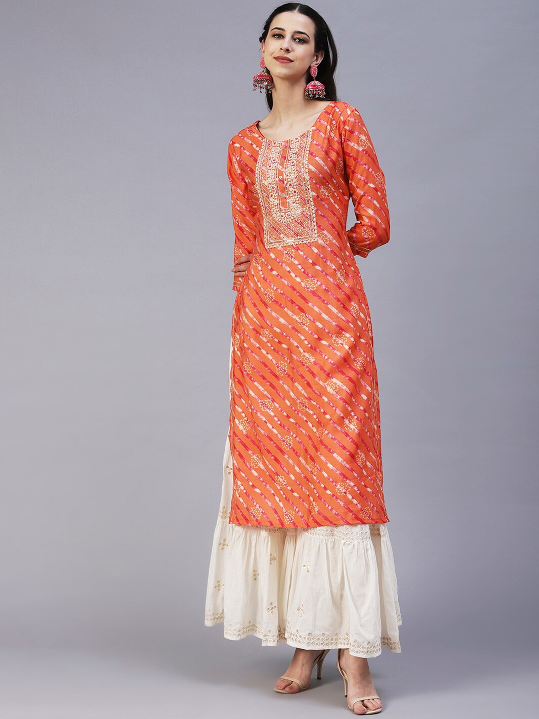 

FASHOR Women Ethnic Motifs Printed Thread Work Kurta, Orange