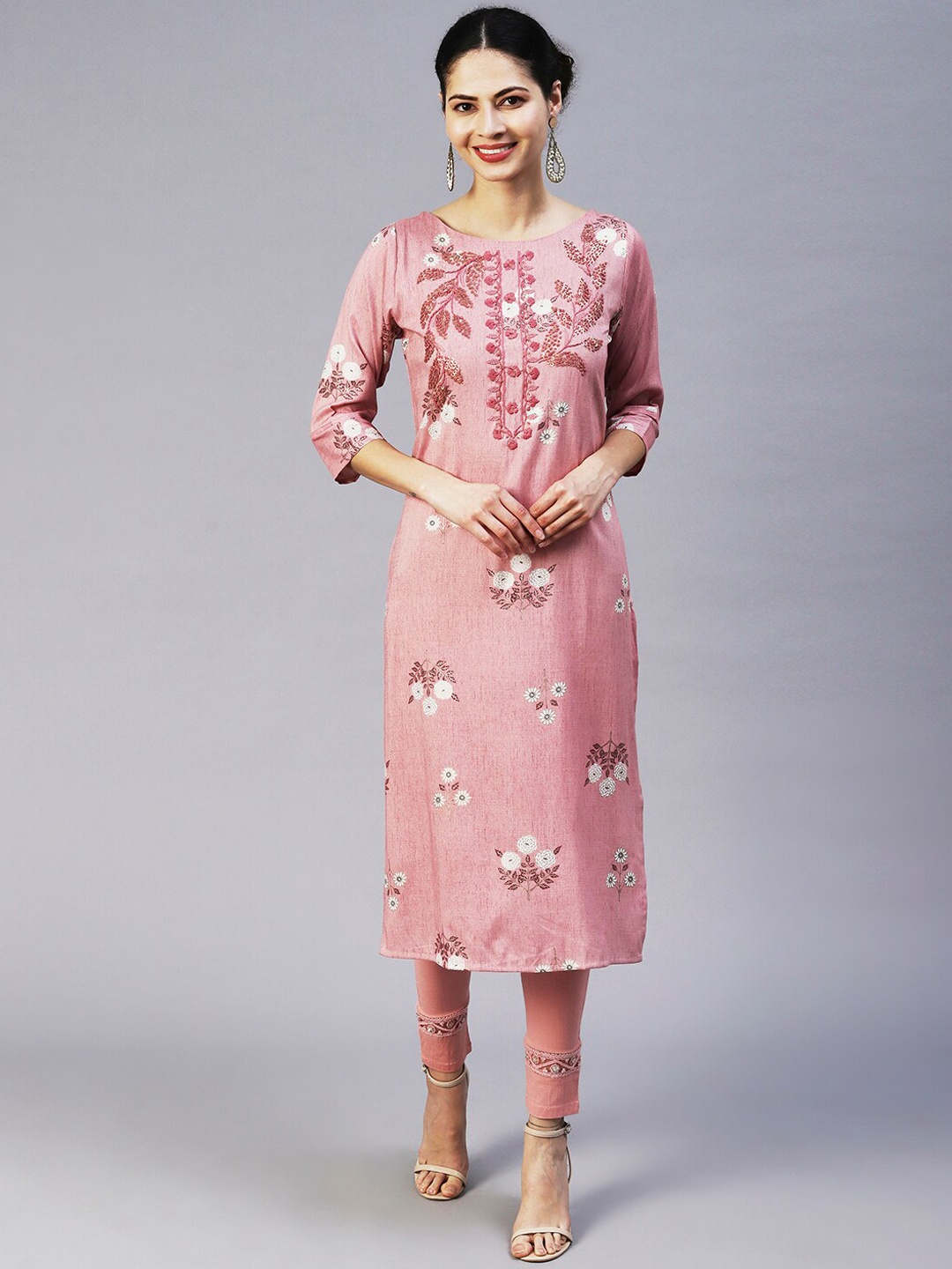 

FASHOR Floral Printed Sequined Kurta, Mauve
