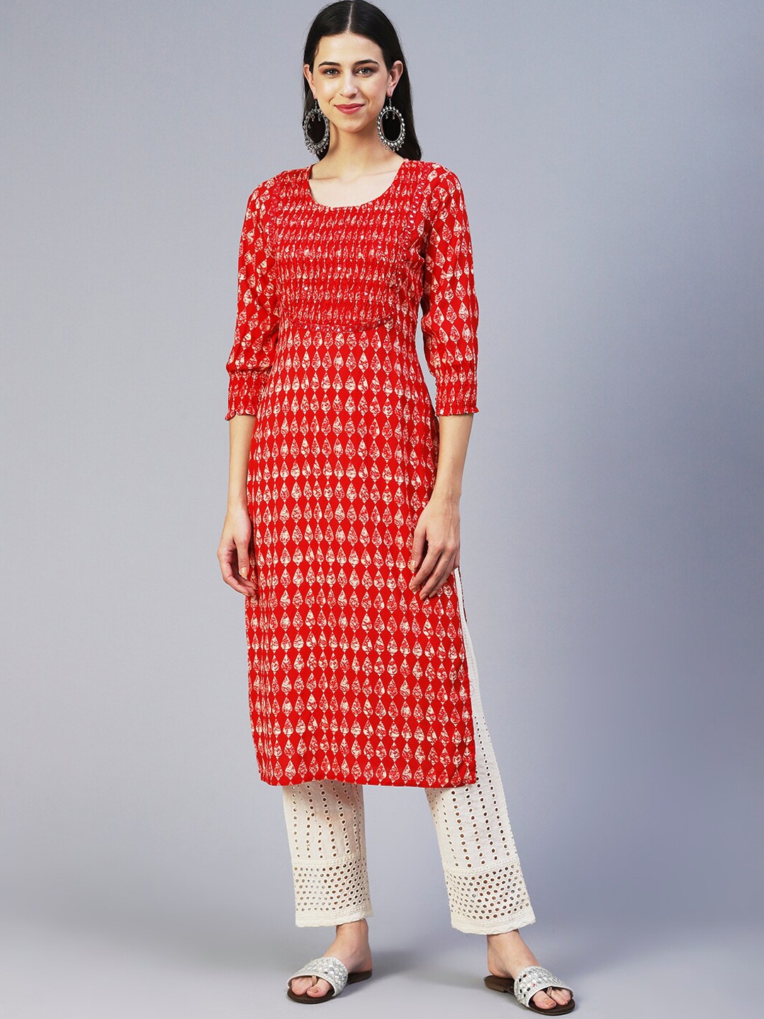 

FASHOR Ethnic Motifs Printed Cotton Kurta, Red
